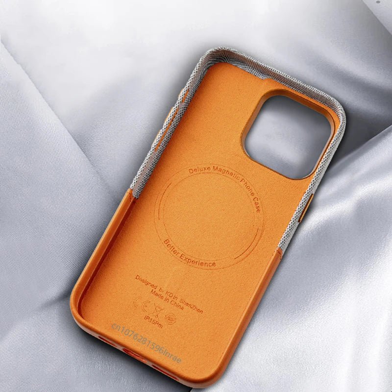 Minimalist iPhone case in leather and soft fabric and MagSafe charging